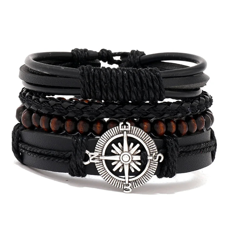 4Pcs/ Set Braided Wrap Leather Bracelets for Men Vintage Life Tree Rudder Charm Wood Beads Ethnic Tribal Wristband Rope Bracelet Jewelry Precision