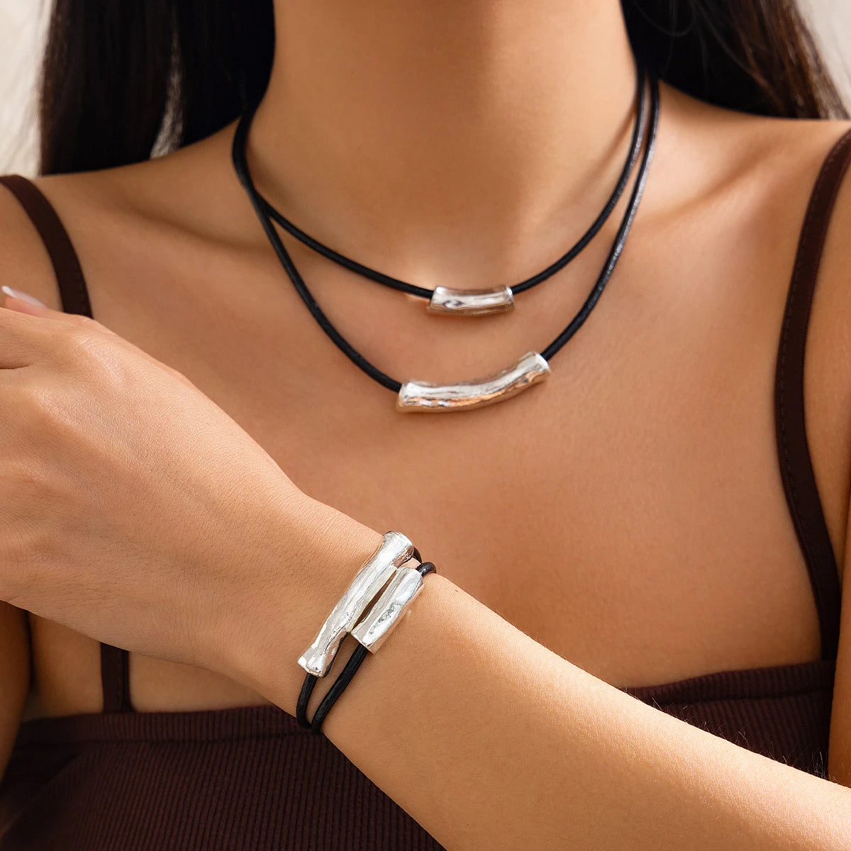 PuRui Trendy Double-layer Black Leather Wax Thread Adjustable Necklace Bracelet  Women Daily Versatile Aesthetic Jewelry Suit Jewelry Precision