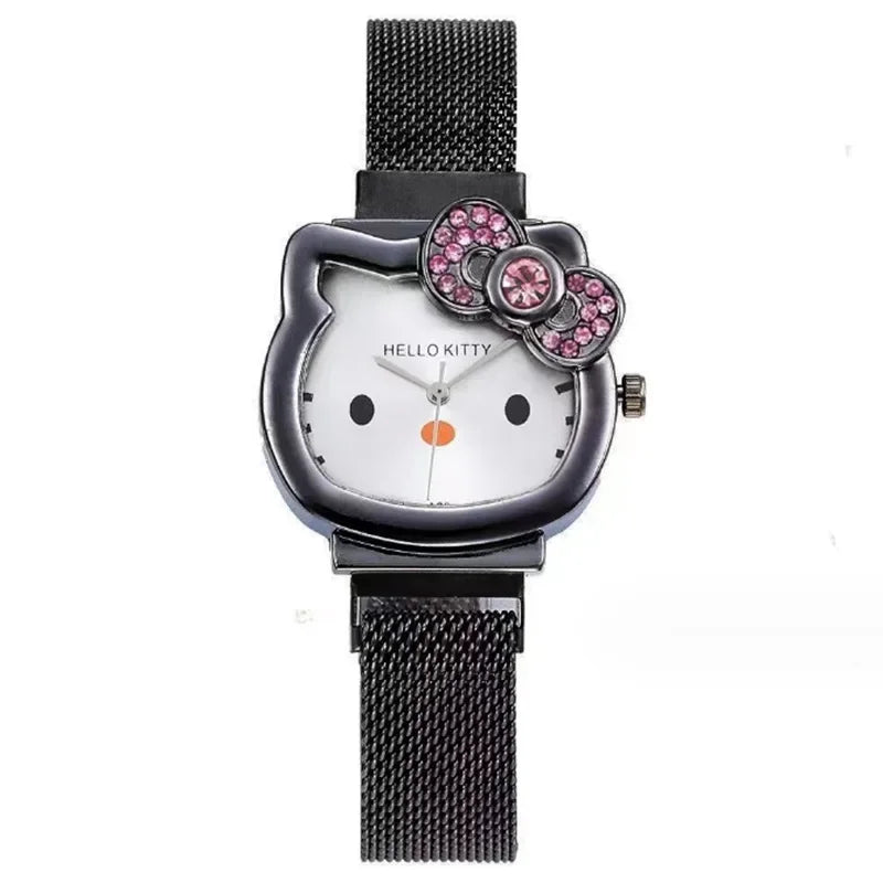 Hello Kitty Bow Diamond Watch Sanrio Anime Fashionable Quartz Watches Cute Cartoon Magnet Watches Girls Birthday Gifts Jewelry Precision