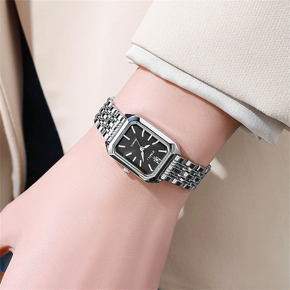Luxury Ladies Fashion Quartz Watch Simple Scale Square Quality Gold Plated Women Watches Business Stainless Steel Folding Clock Jewelry Precision