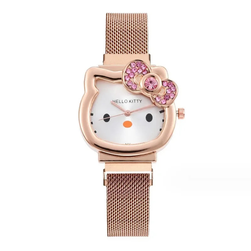 Hello Kitty Bow Diamond Watch Sanrio Anime Fashionable Quartz Watches Cute Cartoon Magnet Watches Girls Birthday Gifts Jewelry Precision
