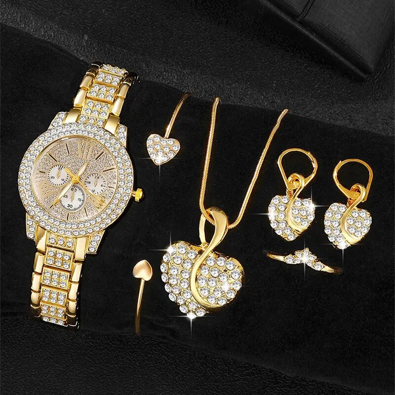 Women's Quartz Watch Gold Luxury Women Ring Necklace Earring Rhinestone Fashion Wristwatch Casual Ladies Watches Jewelry Set Jewelry Precision