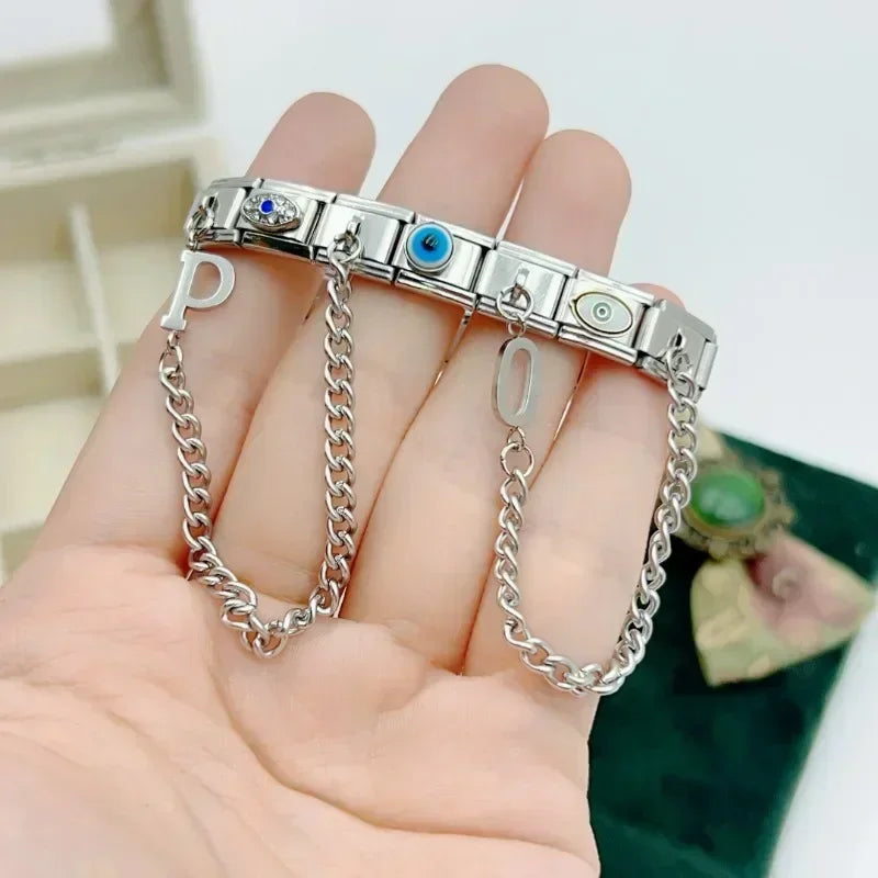 Fashion Chain Letter Elastic Charm Italian Links Fit 9mm Stainless Steel Modular Bracelet Making Women DIY Jewelry Jewelry Precision