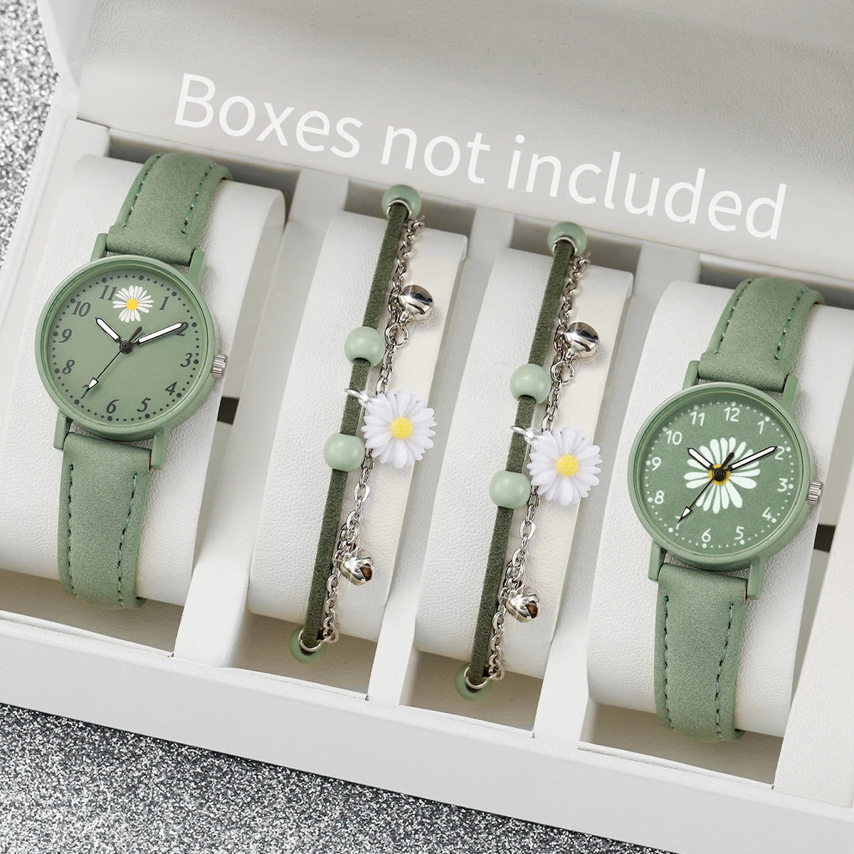 4PCS/Set  Fashion Green PU Leather Strap Flower Quartz Watch with  Bracelet (Box not Included) Jewelry Precision