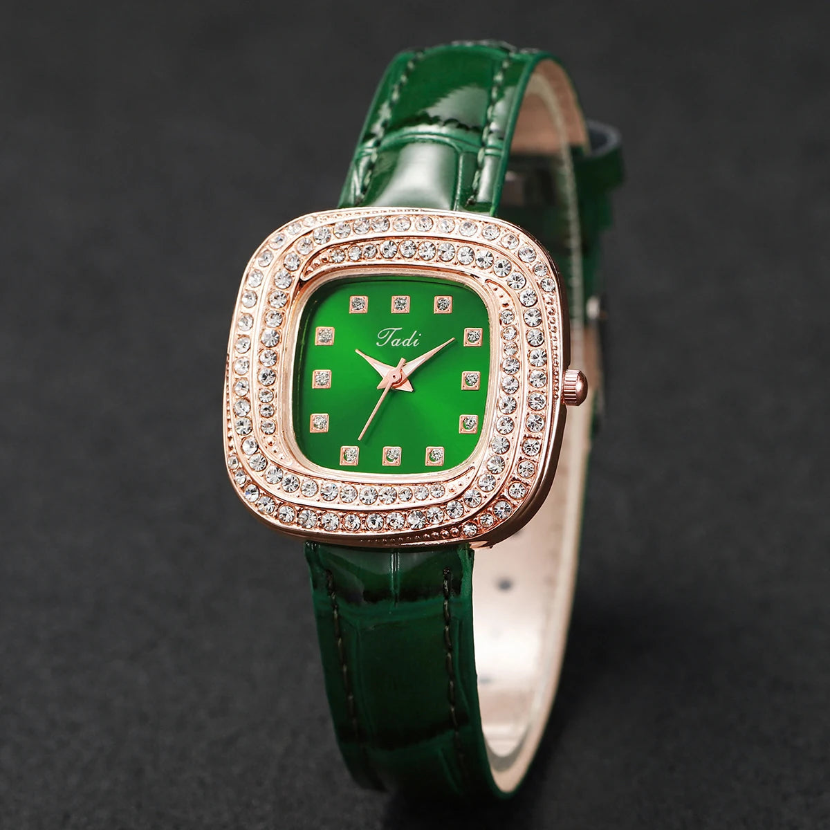Fashion Full Diamond Square Women's Watch Leather Strap Quartz Watch Luxury Green Diamond Jewelry Set  (without box) Jewelry Precision