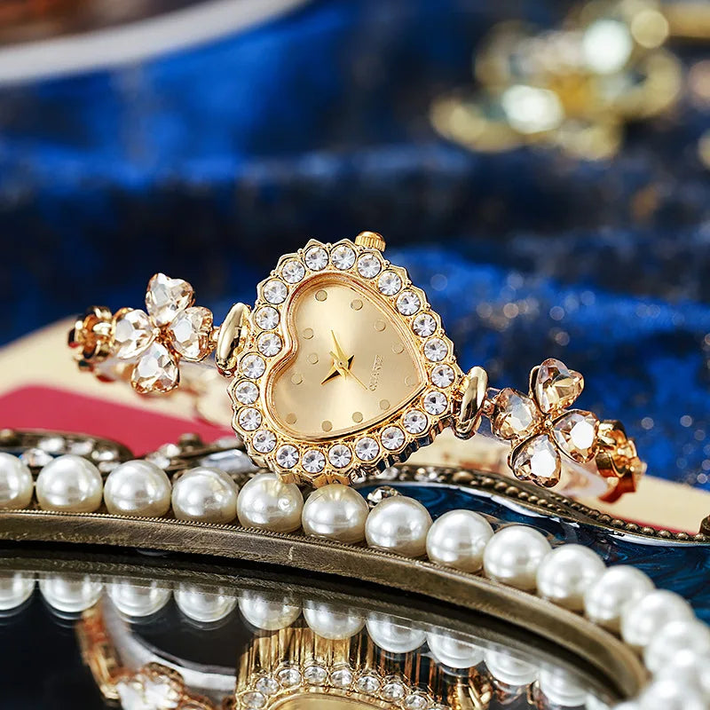 Fashion Heart Dial Women Watch Flower Bracelet Ladies Quartz Watches Clock Jewelry Precision