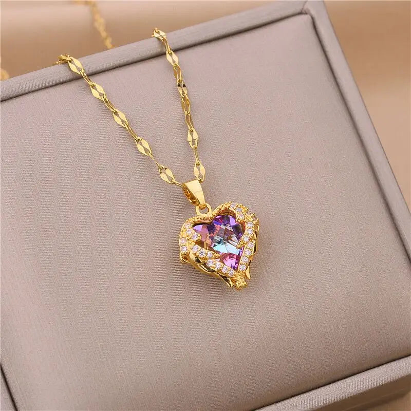 Top Luxury Colorful Crystal Ocean Heart Pendant Necklace For Women Trendy 316L Stainless Steel Jewelry Female Wedding Neck Chain Jewelry Precision