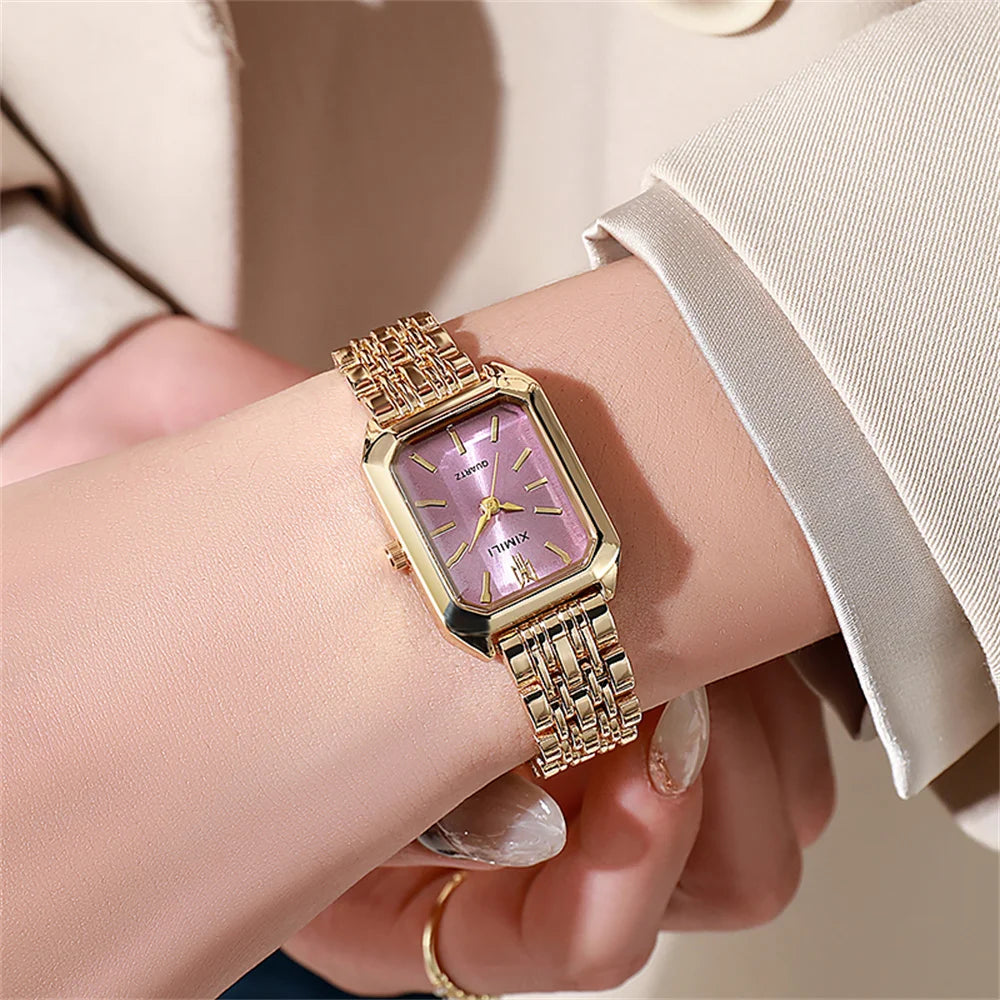 Luxury Ladies Fashion Quartz Watch Simple Scale Square Quality Gold Plated Women Watches Business Stainless Steel Folding Clock Jewelry Precision