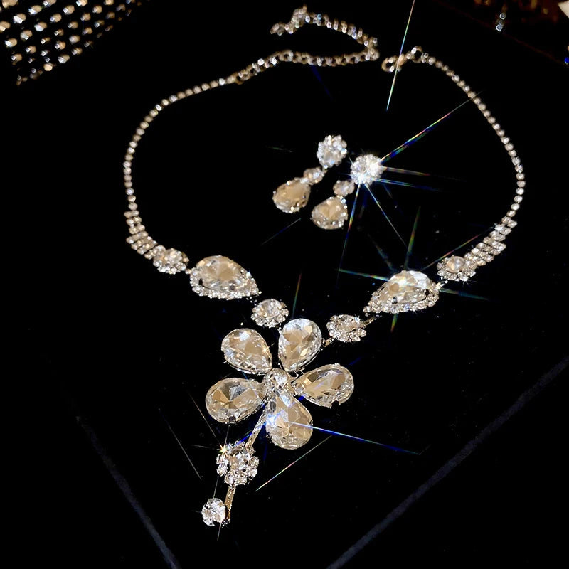 Large Water Drop Flower Necklace Earrings Set Shining Full Rhinestone Necklace For Women Bridal Wedding Party Jewelry Sets Jewelry Precision