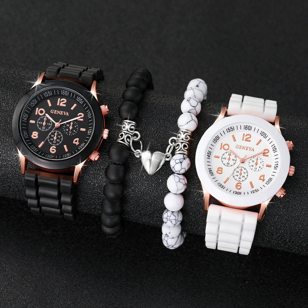 4PCS Couple Watches Fashion Arabic Women Quartz Watch Casual Silicone Band Wristwatches Magnet Heart-Shaped Bracelets Set Jewelry Precision