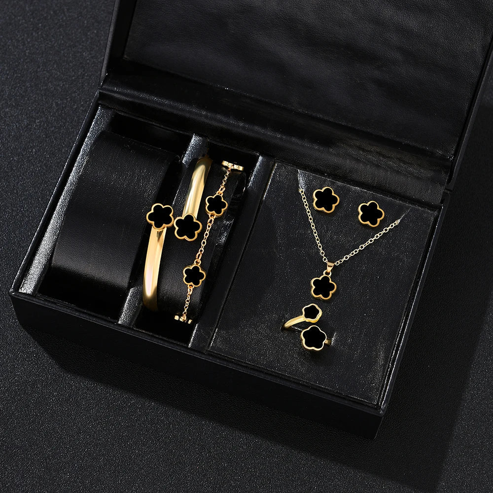 5pcs Lucky Five-petal Flower Women's Jewelry Set, Fashion Flower Bracelet + Necklace + Earrings + Bracelet + Ring, Birthday, Ann Jewelry Precision
