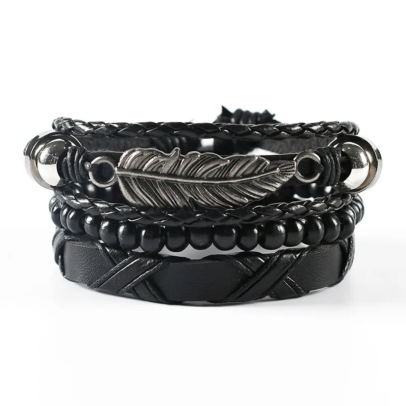 4Pcs/ Set Braided Wrap Leather Bracelets for Men Vintage Life Tree Rudder Charm Wood Beads Ethnic Tribal Wristband Rope Bracelet Jewelry Precision