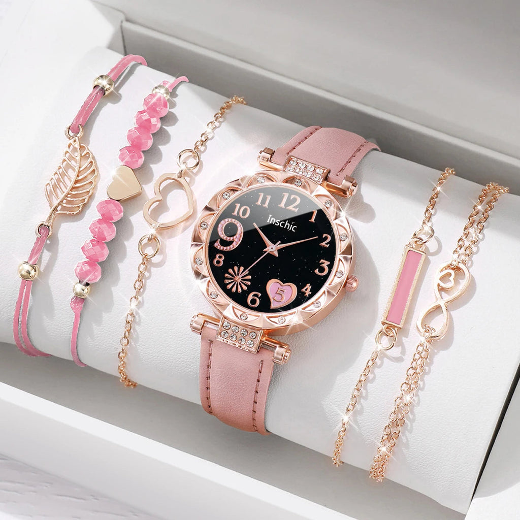 6PCS/Set Fashion Heart Dial Women's Watch Casual Leather Band Analog Quartz Watch Leaf Bracelets Set（Without Box） Jewelry Precision
