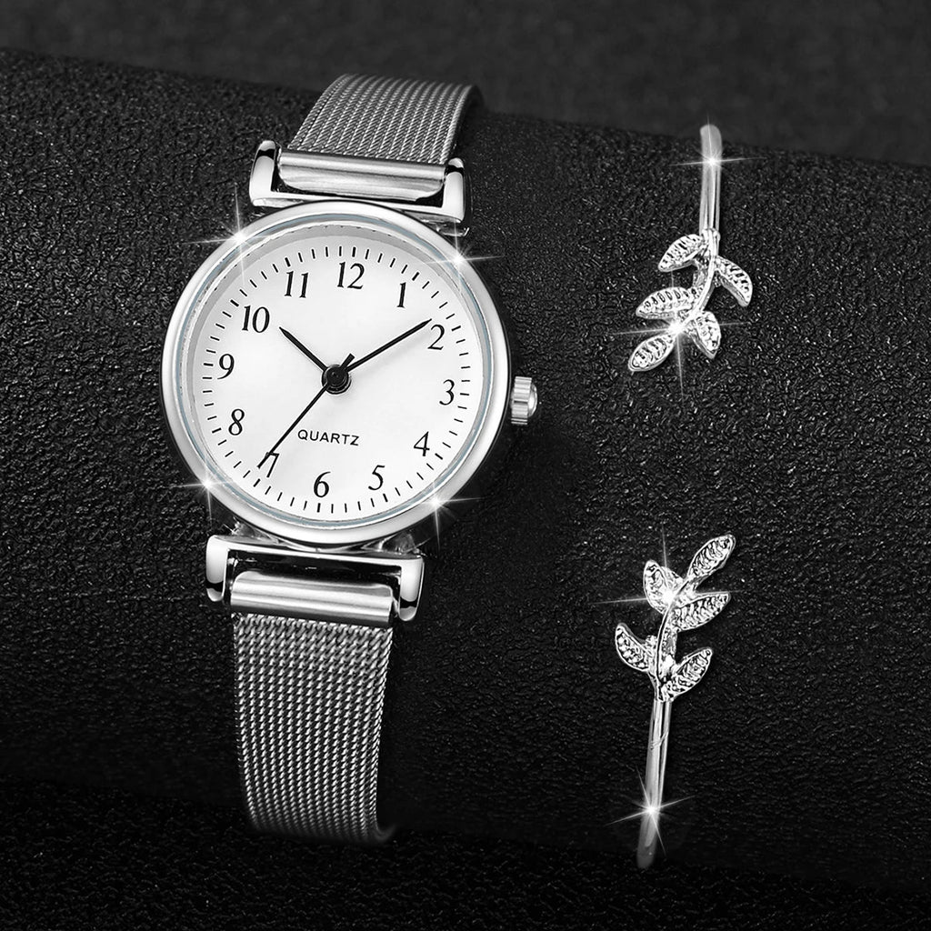 2PCS Fashion Arabic Dial Women Quartz Watch Steel Mesh Band Watches Opening Cuff Bracelet Bangle Set（Without Box） Jewelry Precision