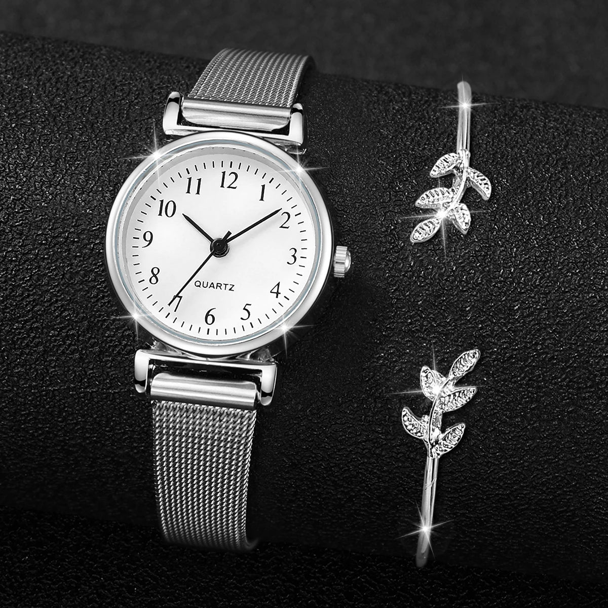 2PCS Fashion Arabic Dial Women Quartz Watch Steel Mesh Band Watches Opening Cuff Bracelet Bangle Set（Without Box） Jewelry Precision