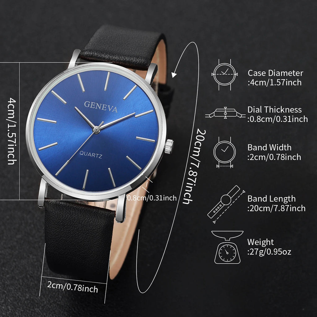 2PCS Couple's Watches Fashion Blue Dial Women Quartz Watch Men Leather Band Wristwatches Jewelry Precision