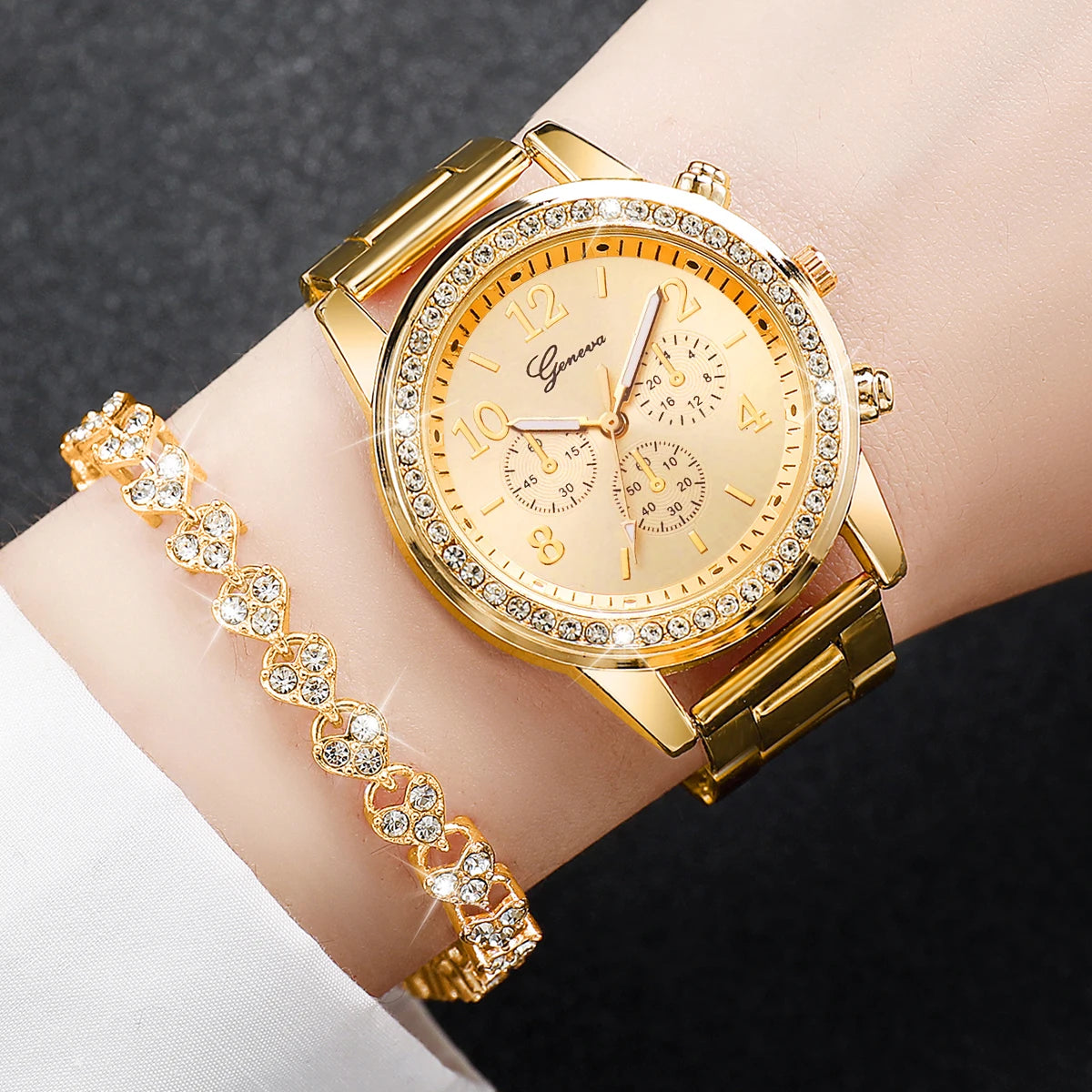 6PCS/Set Fashion Rhinestone Women's Watches Stainless Steel Band Quartz Watch Bracelets Set（Without Box） Jewelry Precision