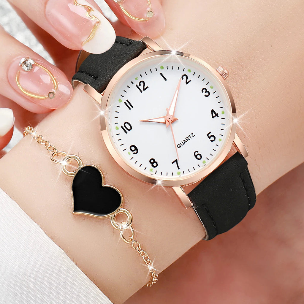 4/6PCS Fashion Arabic Dial Women Watches Ladies Leather Strap Quartz Wristwatch Heart Bracelets Set Reloj Mujer(Without Box) Jewelry Precision