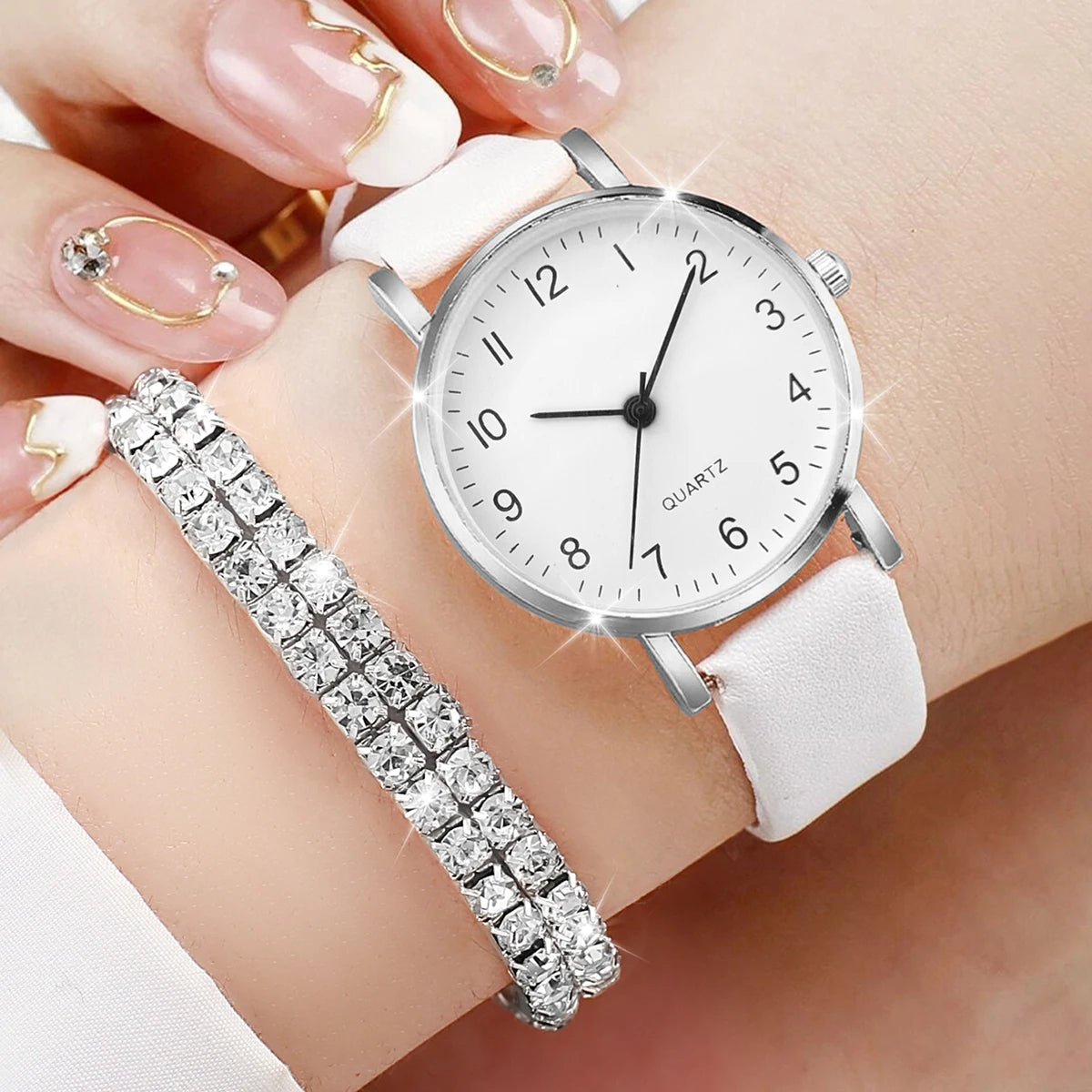 5PCS/Set Fashion Small Dial Women Watches Diamond Jewelry Set Casual Female Leather Band Quartz Wrist Watch（Without Box） Jewelry Precision