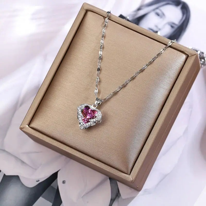 Top Luxury Colorful Crystal Ocean Heart Pendant Necklace For Women Trendy 316L Stainless Steel Jewelry Female Wedding Neck Chain Jewelry Precision