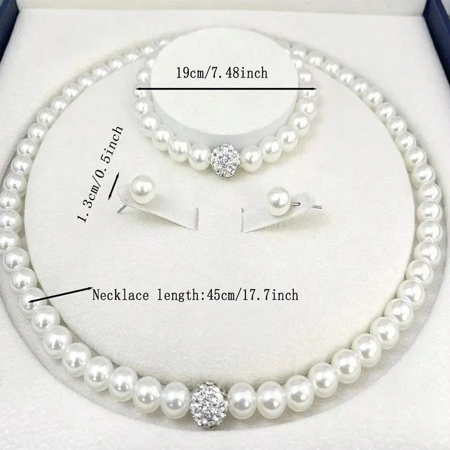 3 PCS Imitation Pearl Fireball Necklace Bracelet Earring Stud Jewelry Set Silver Color Crystal Stone Elegant Bridal Jewelry Gift Jewelry Precision