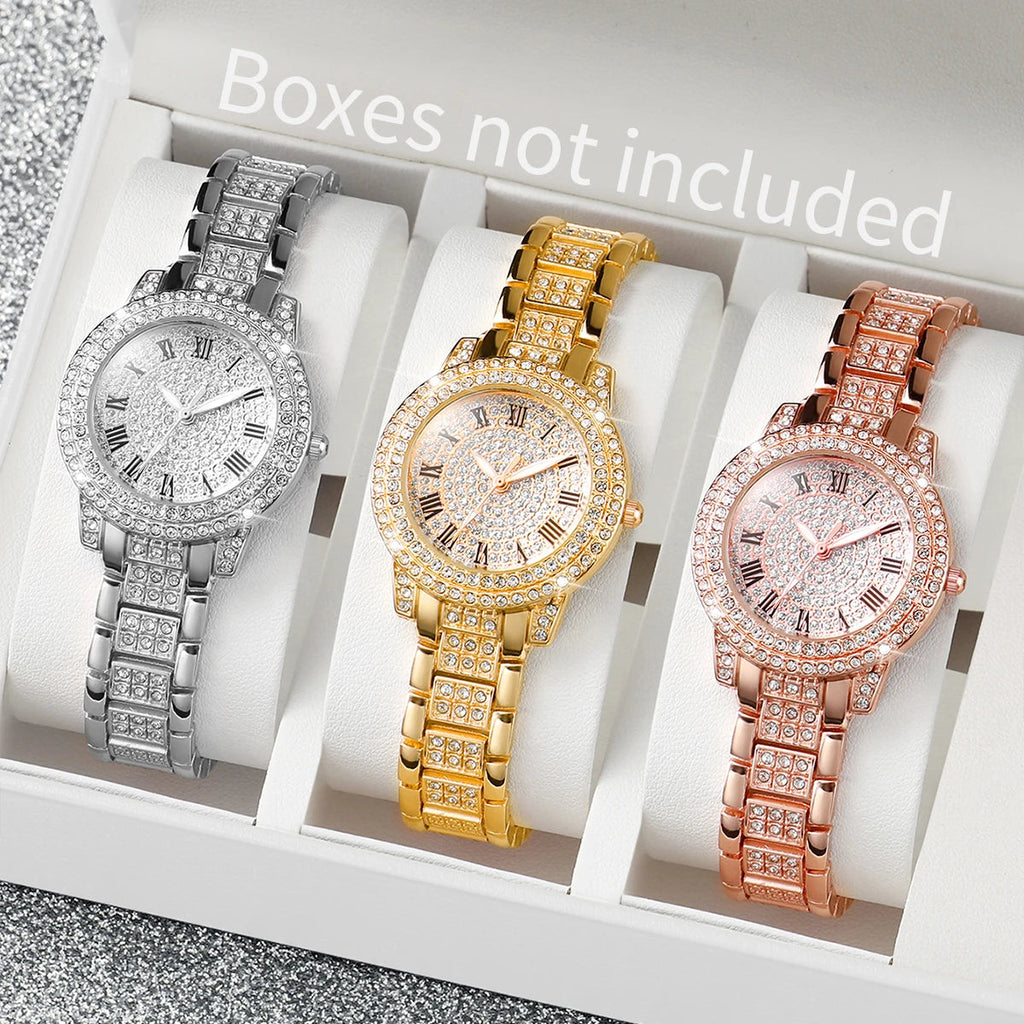 3PCS Women Watches Fashion Full Rhinestone Quartz Watch Stainless Steel Band Wristwatches（Without Box） Jewelry Precision