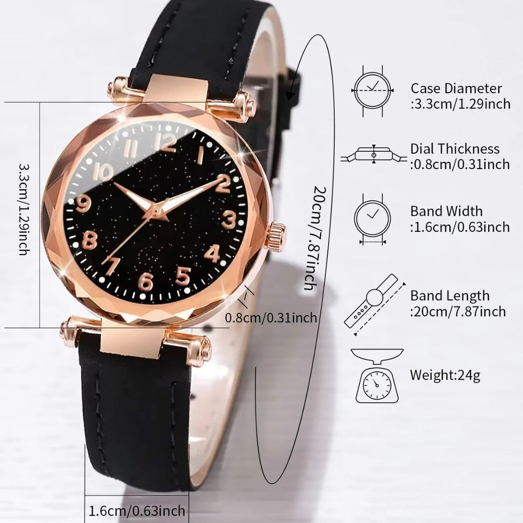 2PCS/Set Fashion Starry Sky Dial Women Watch Leather Band Quartz Watches Heart Bracelet Set Jewelry Precision