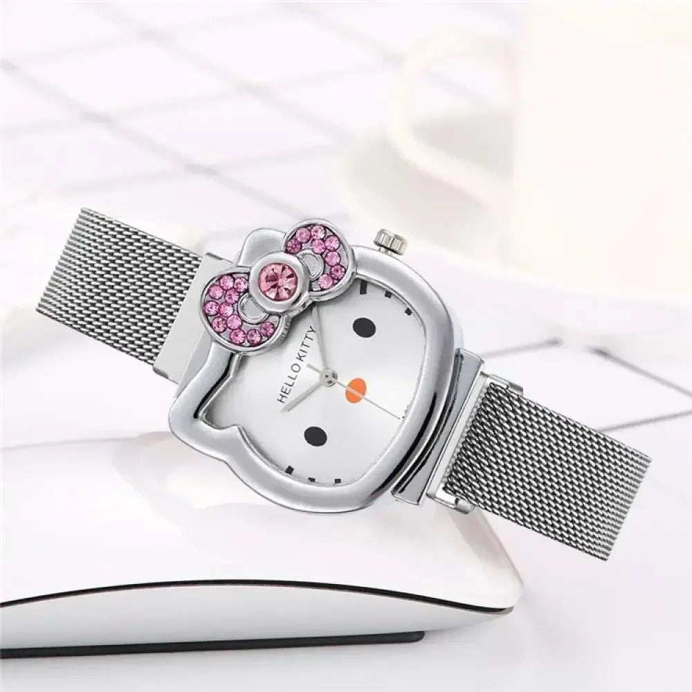 Hello Kitty Bow Diamond Watch Sanrio Anime Fashionable Quartz Watches Cute Cartoon Magnet Watches Girls Birthday Gifts Jewelry Precision