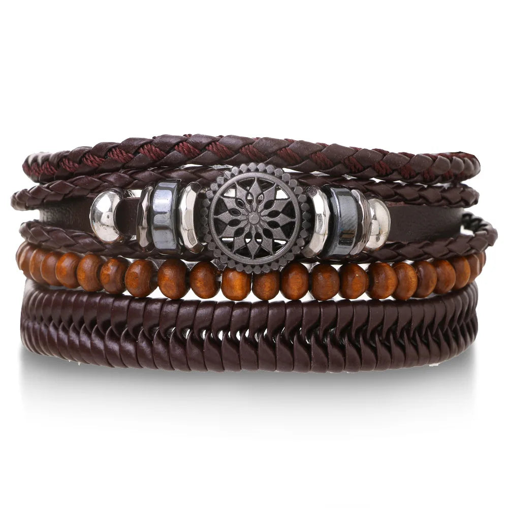 4Pcs/ Set Braided Wrap Leather Bracelets for Men Vintage Life Tree Rudder Charm Wood Beads Ethnic Tribal Wristband Rope Bracelet Jewelry Precision