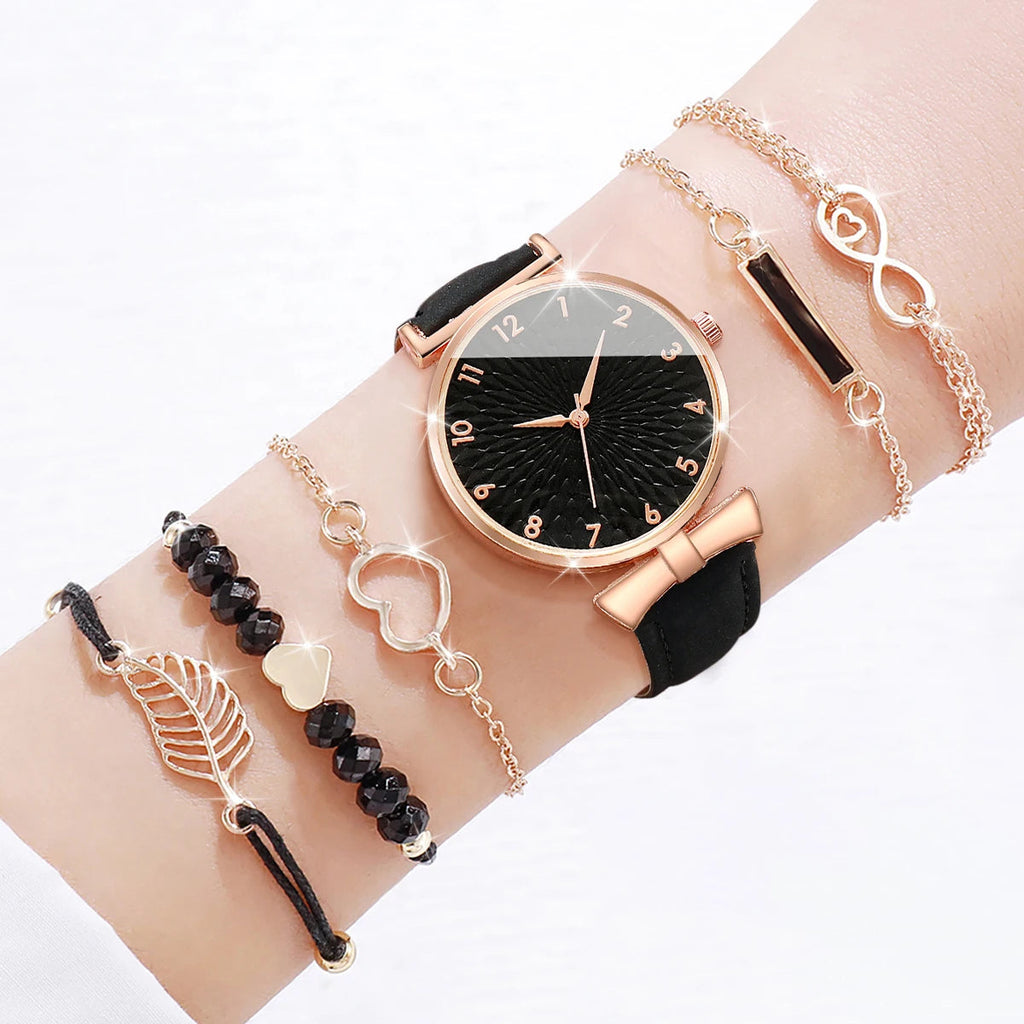 6pcs/set Women Watches Heart Leaf Bracelets Set Fashion Leather Band Ladies Quartz Watch（Without Box） Jewelry Precision