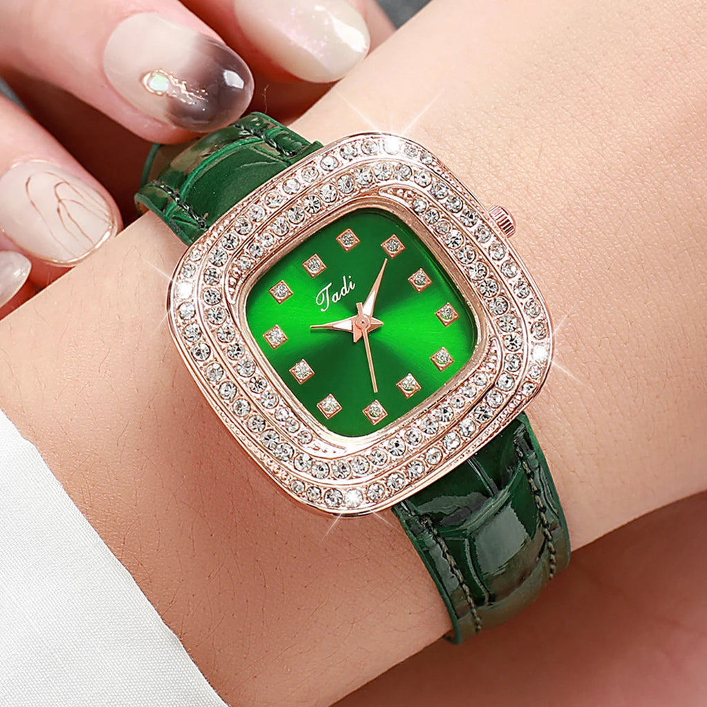 Fashion Full Diamond Square Women's Watch Leather Strap Quartz Watch Luxury Green Diamond Jewelry Set  (without box) Jewelry Precision