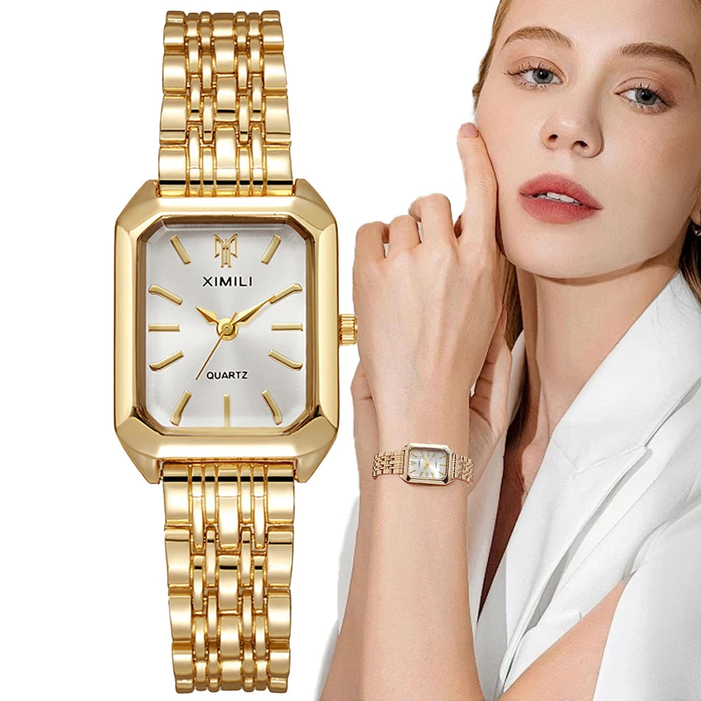 Luxury Ladies Fashion Quartz Watch Simple Scale Square Quality Gold Plated Women Watches Business Stainless Steel Folding Clock Jewelry Precision