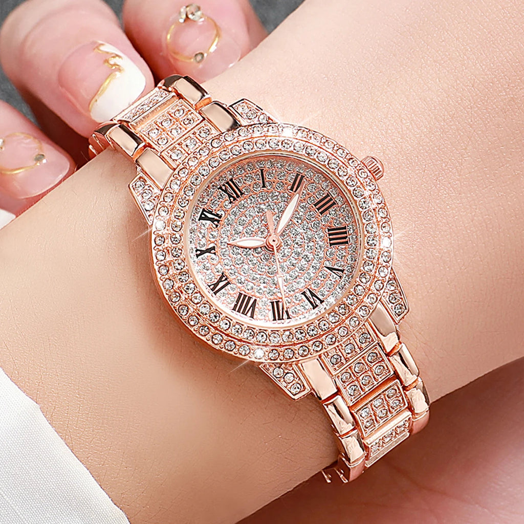 3PCS Women Watches Fashion Full Rhinestone Quartz Watch Stainless Steel Band Wristwatches（Without Box） Jewelry Precision