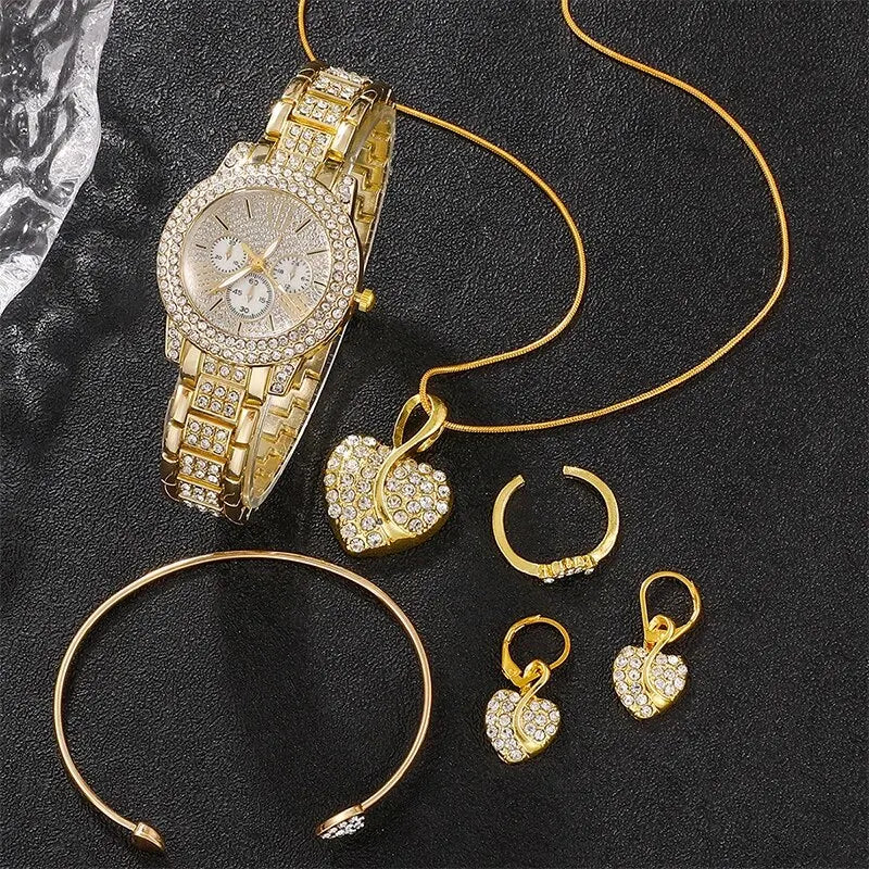 Women's Quartz Watch Gold Luxury Women Ring Necklace Earring Rhinestone Fashion Wristwatch Casual Ladies Watches Jewelry Set Jewelry Precision