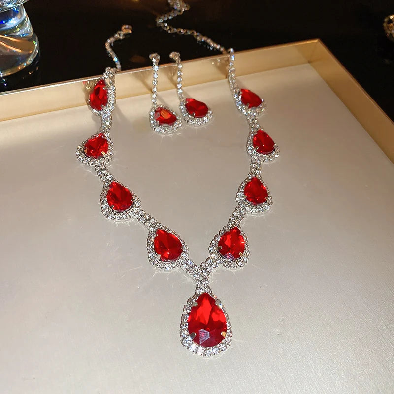 Inlaid Red Rhinestone Necklace Earring Set For Women Light Luxury Water Drop Choker Necklace Bridal Wedding Party Jewelry Sets Jewelry Precision