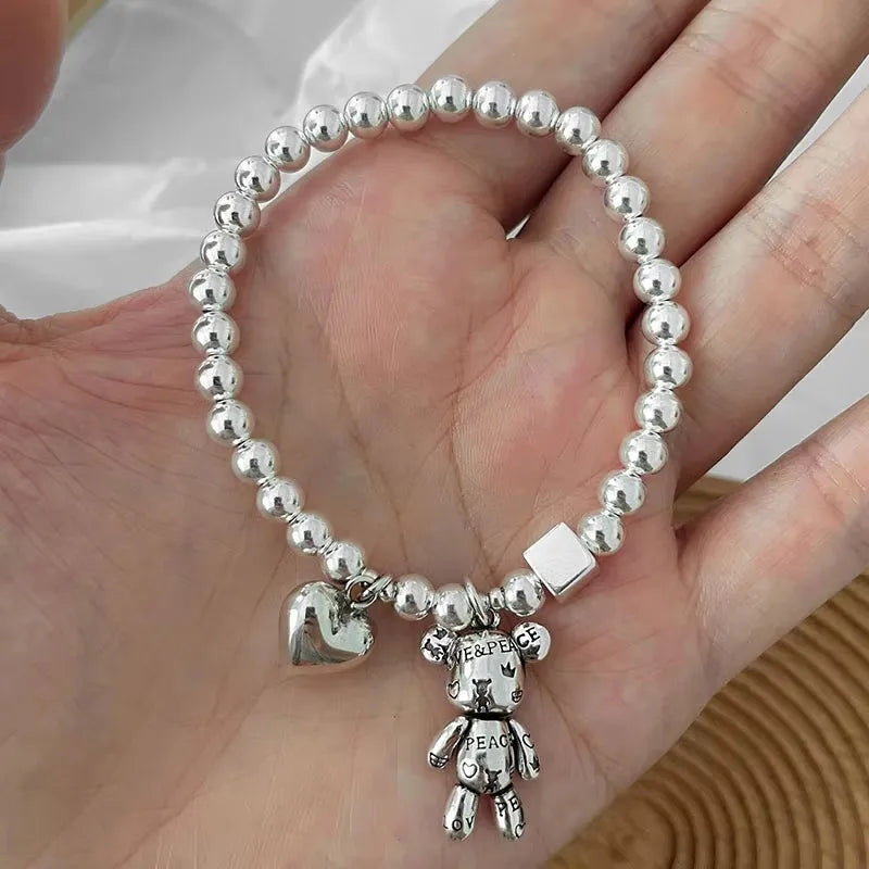 925 Sterling Silver Bracelets for Women String of Beads Accessories Trend Vintage Simple Cute Bear Pendant Party Jewelry Jewelry Precision