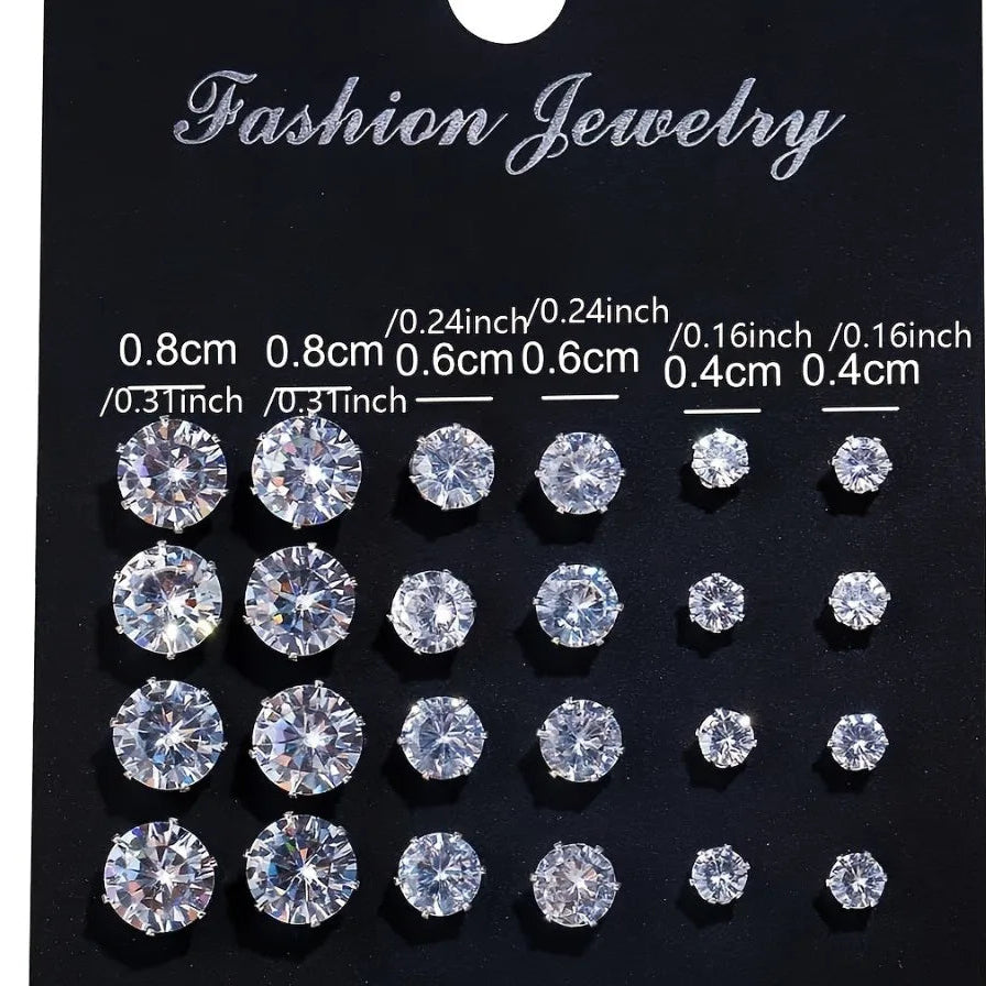 12 Pairs Set Stainless Steel Stud Earrings with Gemstone Buds Round Earrings Unisex - Jewelry Precision