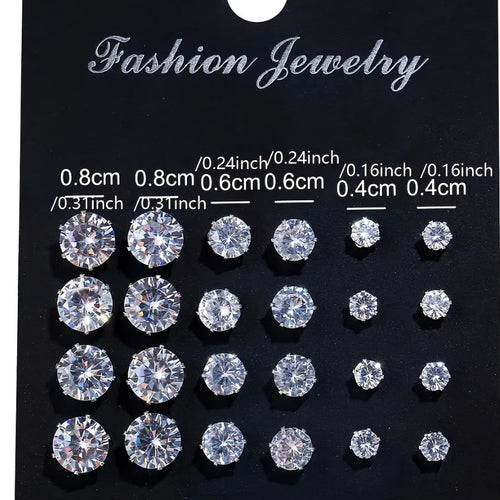 12 Pairs Set Stainless Steel Stud Earrings with Gemstone Buds Round Earrings Unisex - Jewelry Precision