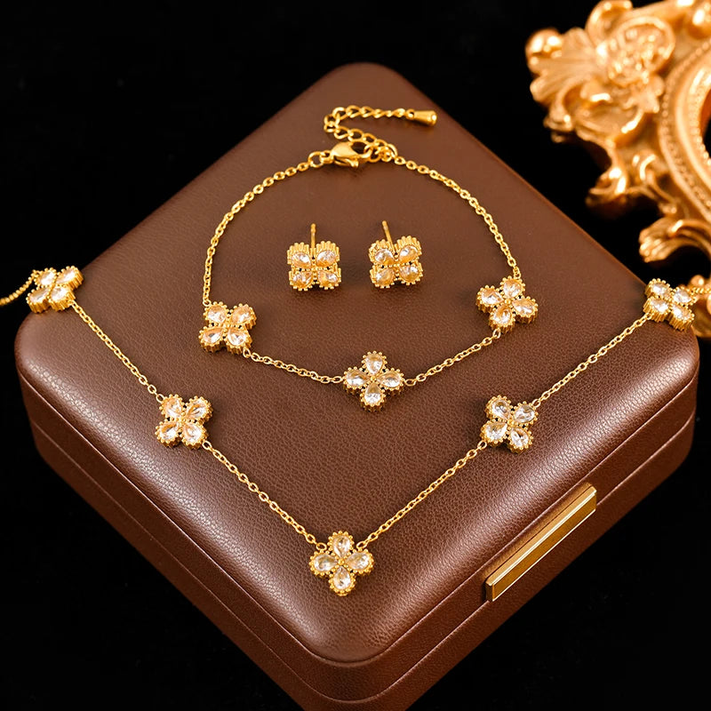 GANEMLY 316L Stainless Steel Clover Flower Zircon Necklace Jewelry Precision