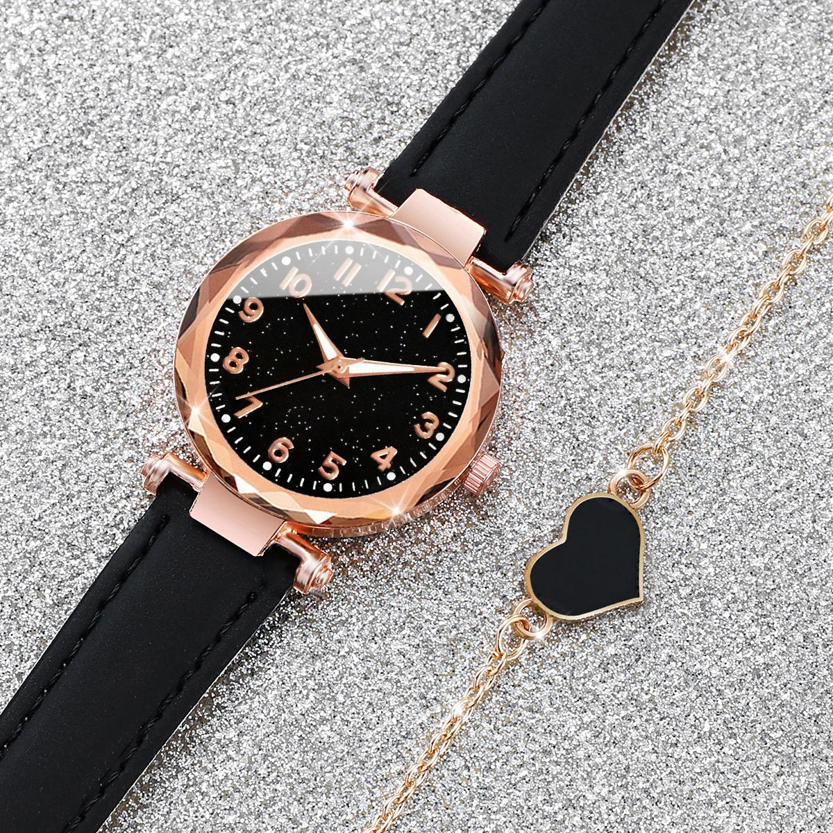 2PCS/Set Fashion Starry Sky Dial Women Watch Leather Band Quartz Watches Heart Bracelet Set Jewelry Precision