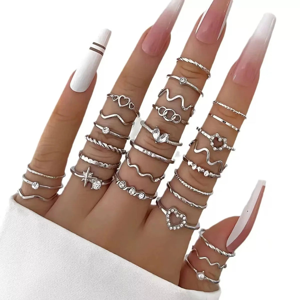 23PCS Fashion Luxury Shiny Zircon Wave Multi-Element Design Women's Ring Set Jewelry Precision