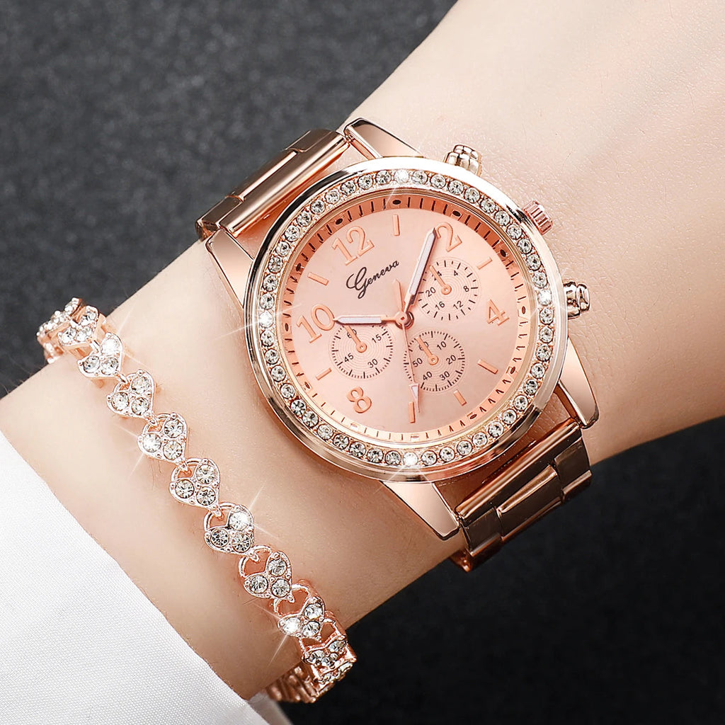 6PCS/Set Fashion Rhinestone Women's Watches Stainless Steel Band Quartz Watch Bracelets Set（Without Box） Jewelry Precision