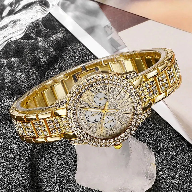 Women's Quartz Watch Gold Luxury Women Ring Necklace Earring Rhinestone Fashion Wristwatch Casual Ladies Watches Jewelry Set Jewelry Precision