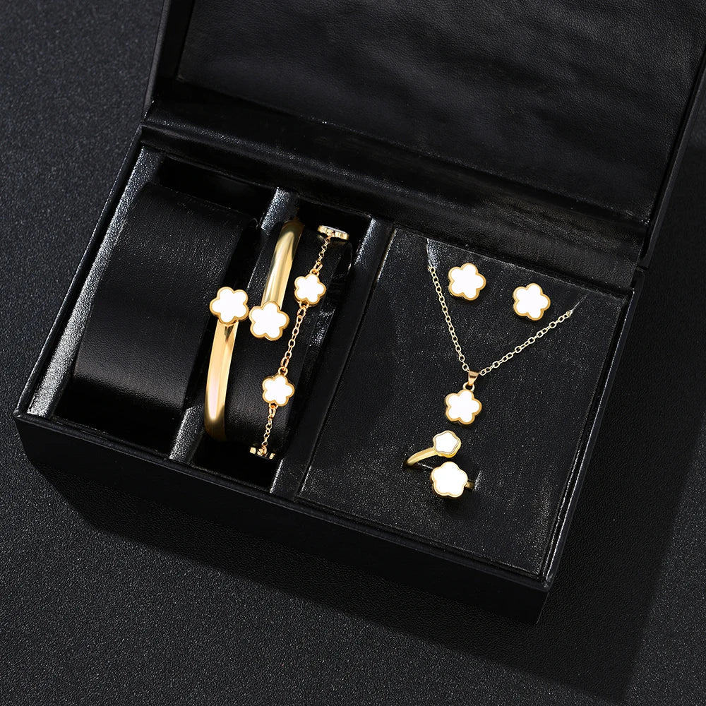 5pcs Lucky Five-petal Flower Women's Jewelry Set, Fashion Flower Bracelet + Necklace + Earrings + Bracelet + Ring, Birthday, Ann Jewelry Precision