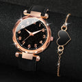 2PCS/Set Fashion Starry Sky Dial Women Watch Leather Band Quartz Watches Heart Bracelet Set Jewelry Precision