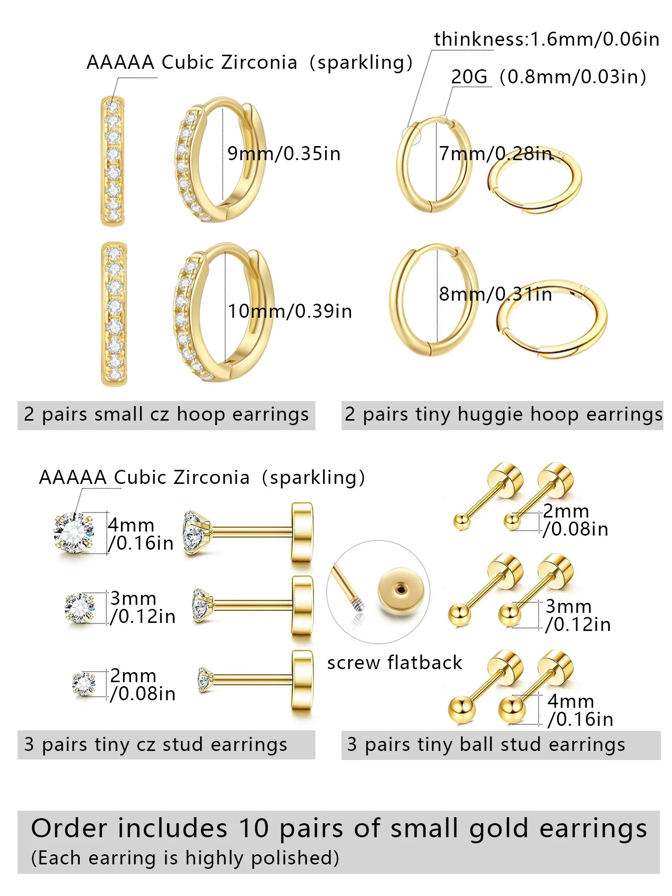 10 Pairs Small Gold Hoop Stud Earrings for Women - Jewelry Precision