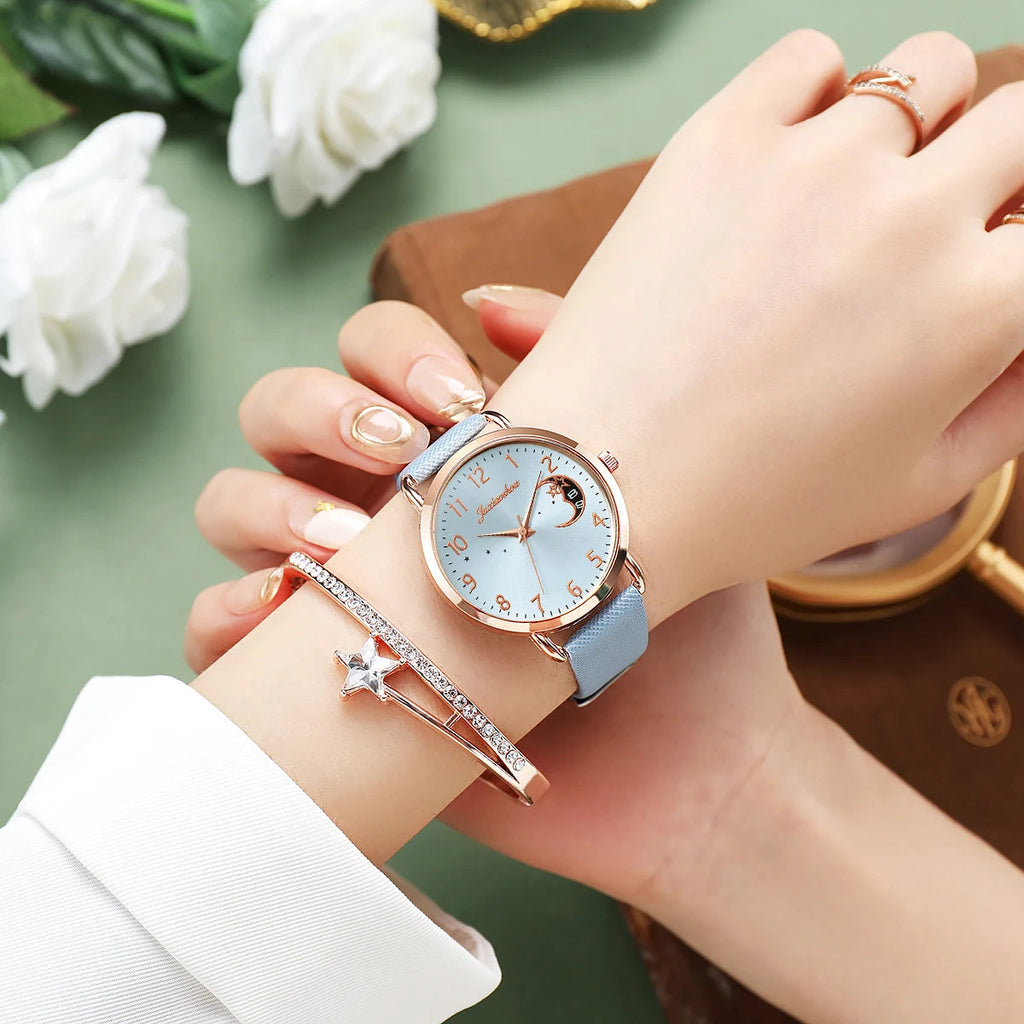2PCS Fashion Moon Dial Women Quartz Watch Bracelet Set Casual Leather Strap Ladies Wristwatch Reloj Mujer（Without Box） Jewelry Precision