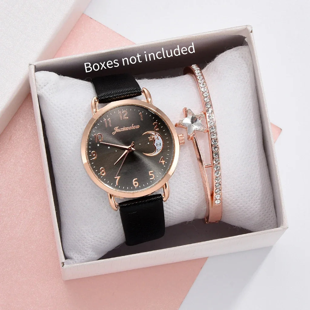 2PCS Fashion Moon Dial Women Quartz Watch Bracelet Set Casual Leather Strap Ladies Wristwatch Reloj Mujer（Without Box） Jewelry Precision