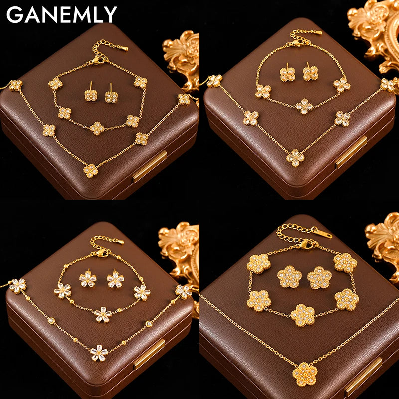 GANEMLY 316L Stainless Steel Clover Flower Zircon Necklace Jewelry Precision