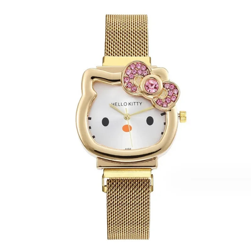 Hello Kitty Bow Diamond Watch Sanrio Anime Fashionable Quartz Watches Cute Cartoon Magnet Watches Girls Birthday Gifts Jewelry Precision